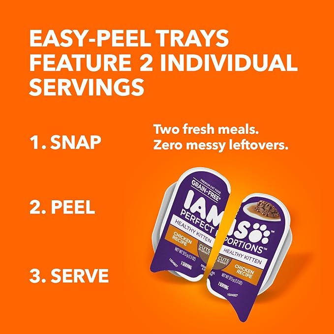 IAMS Perfect Portions Healthy Kitten Grain Free Wet Cat Food, Cat Food Wet Cuts in Gravy Chicken Recipe, (24) 2.6 oz. Twin-Pack Trays