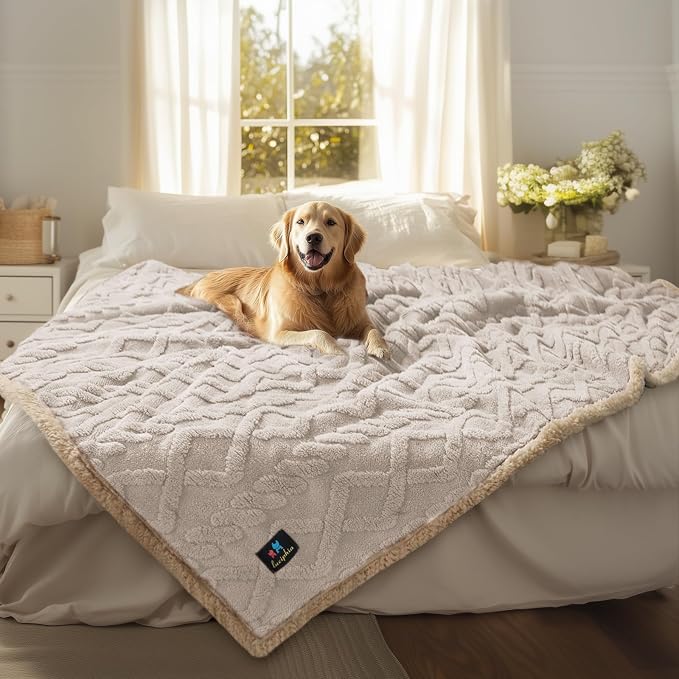 Waterproof Pet Blanket, Liquid Pee Proof Dog Blanket for Sofa Bed Couch, Reversible Sherpa Fleece Furniture Protector Cover for Small Medium Large Dogs Cats, Beige-thicken King Size（90" x 82"）