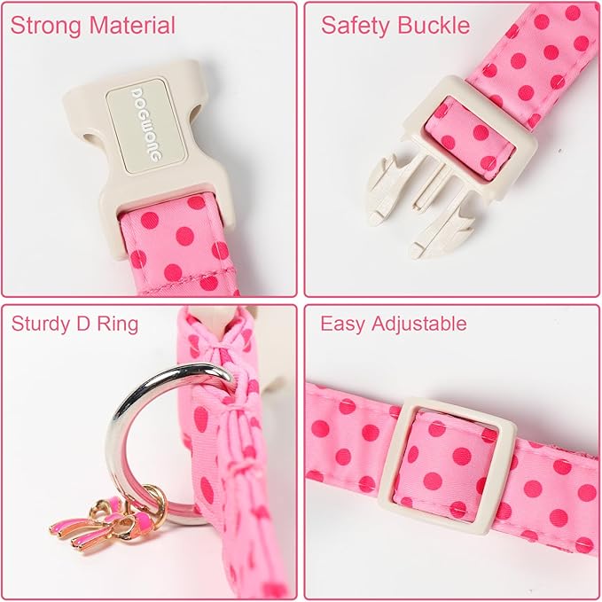 DOGWONG Pink Polka Dots Dog Collar for Small Dogs, Summer Spring Beach Hawaiian Dog Collars, Pink Girl Dogs Collars for Large Dogs, Neck 42-66 inches
