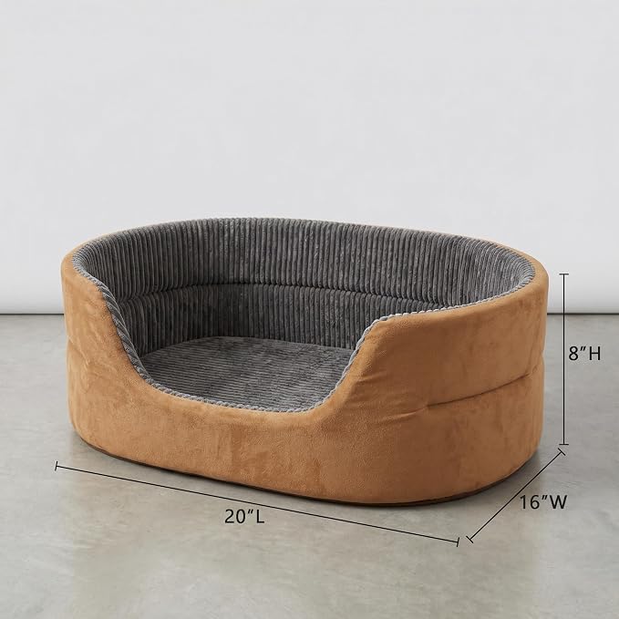 Small Dog Bed Cat Bed 16x20 Inch, Calming Pet Bed for Dogs & Cats, Machine Washable Dog Bed, Half-Enclosed Open-Top Velvet Anti-Anxiety Bed, Cozy Snuggle Bed (Camel)