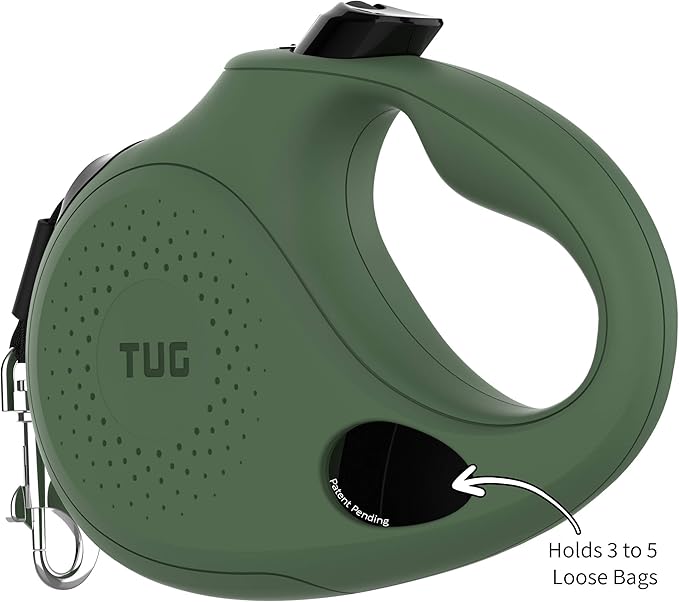 TUG Oval 360° Tangle-Free Retractable Dog Leash with Integrated Waste Bag Dispenser (Small, Green)