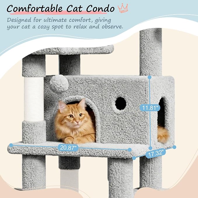 SHA CERLIN 82 inch, Multi-Level Cat Tree Tower for Indoor Cats, Cat Condo with Sisal Scratching Posts, Plush Perches, Hammocks, Toy Balls，Grey