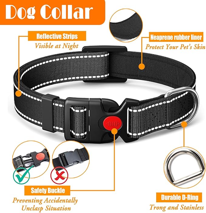 LOBEVE No Pull Dog Harness, Collar & Leash Set | Includes Dog Seat Belt, Collapsible Bowls & Poop Bag Dispenser. Ideal for Training, Walking, Hiking. Fits Small to Large Dogs(Black-L)