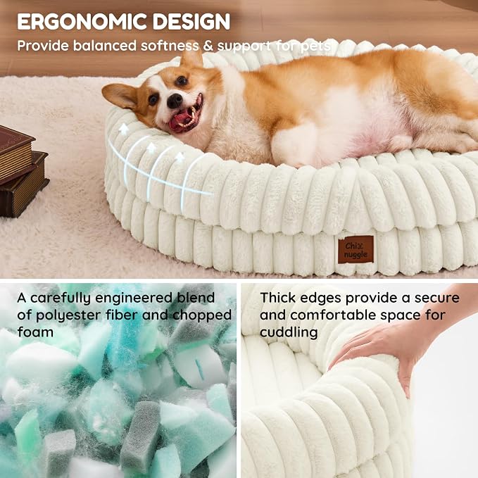 ChiXnuggle Orthopedic Dog Bed for Large Dogs, Waterproof Faux Rabbit Fur Dog Couch with Egg Crate Foam Support and Washable Removable Cover, Bolster Pet Sofa with Non-Slip Bottom, 35x28x7, Cream
