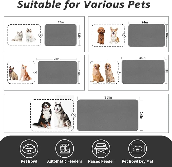 HotLive Dog Food Mat - Absorbent Cat Mat for Food and Water, No Stains Pet Feeding Bowl Mat, Easy to Clean Pet Placemats, Quick Dry Dog Water Dispenser Mat for Messy Drinkers | Dark Grey 12"x 19"