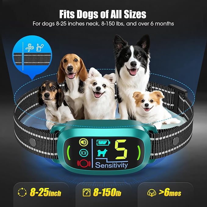 Smart AI Bark Collar for Large Medium Small Dogs, Anti Barking Device with 5 Training Modes, Exclusive Forced Bark-Stopping, Rechargeable IP67 Waterproof Bark Collar with 5 Sensitivity (Teal)