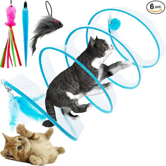 Self Play Cat Hunting Spiral Tunnel Toy, Folded Cat Spring Tunnel Toys for Indoor Cats (Blue)
