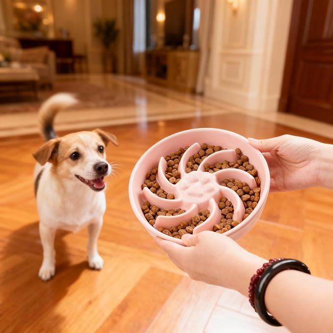 Ceramic Slow Feeder Dog Bowl, 3 Cup Dog Food or 25oz Water, Slow Eating Bowl for Middle Breed, Maze Puzzle Feeder for Fast Eaters, Anti-Choking Stop Bloat, Non-Slip BPA Free (Pink)