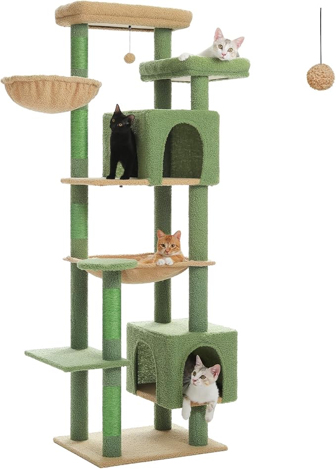 69” Tall Cat Tree for Indoor Cats Large Adult, Multi-Level Cat Tower with Scratching Post, Dual Top Perches, Big Hammock & 2 Spacious Condos, Cat Furniture for Multi-Cat Households, Green