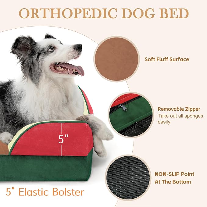 Comfort Expression Orthopedic Dog Bed for Large Dogs 36x27 Inch, Waterproof Egg Crate Foam Large Pet Bed with Bolsters, Dog Couch with Washable Cover & Non-Slip Bottom, Watermelon Mist