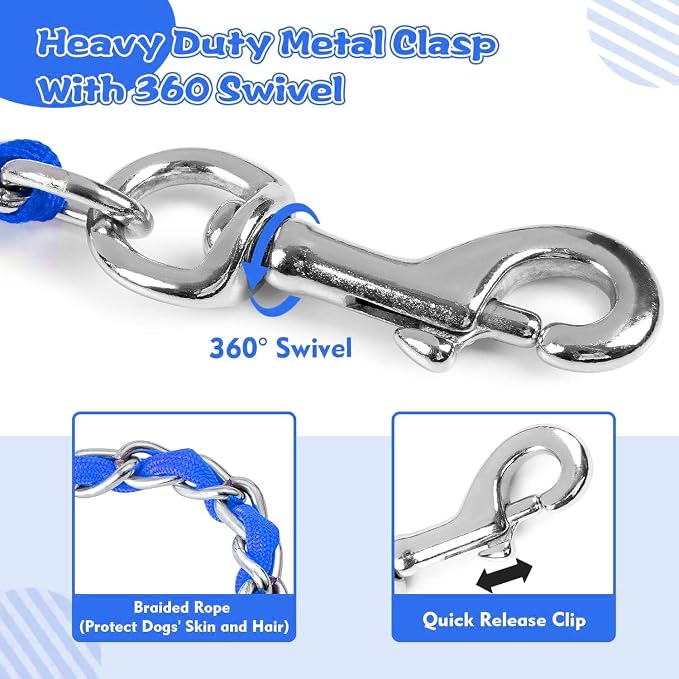 Heavy Duty Metal Dog Chain Leash with Comfortable PU Leather Padded Handle, Chew Proof for Medium Large Pooch Walking Training (6FT 3.0mm Blue)