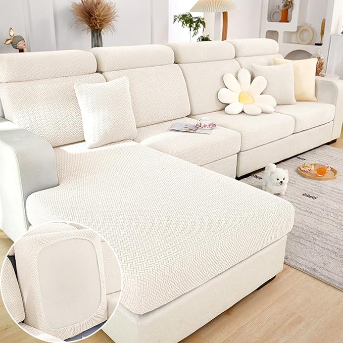 Yoovat Couch Cushion Covers for Sofa Couch Covers Wear-Resistant Universal Sofa Cover Washable Stretch for Sectional Slipcovers (Texture-Cream White,Large Double Seat Cover)