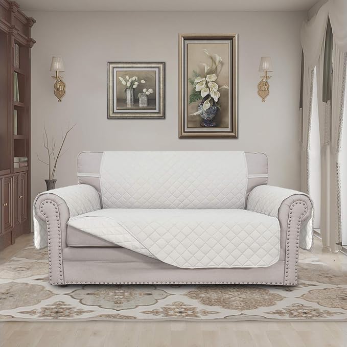 Easy-Going Reversible Loveseat Couch Cover for 2 Cushion Couch Sofa Cover for Dogs Water Resistant Furniture Protector with Foam Sticks Elastic Straps for Pet (Loveseat, Ivory/Ivory)