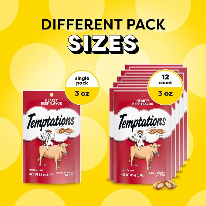 Temptations Classic Soft Cat Treats, Hearty Beef Flavor, Crunchy Cat Treats, 3 oz. Pouch (Pack of 12)