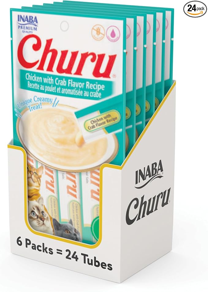 INABA Churu Cat Treats, Lickable, Squeezable Creamy Purée Cat Treat with Green Tea Extract & Taurine, 0.5 Ounces Each Tube, 24 Tubes (4 per Pack), Chicken with Crab Recipe