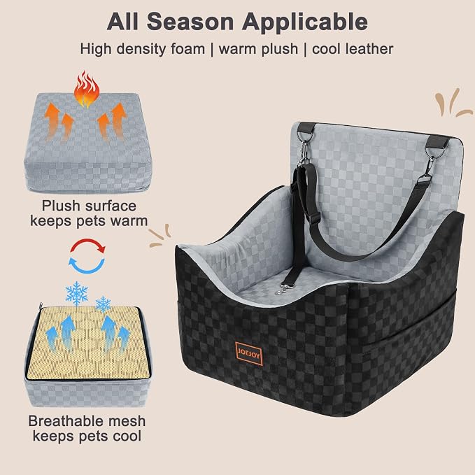 JOEJOY Elevated Dog Car Seat for Small/Medium Dogs up to 35 lbs, Memory Foam Booster Seat with Detachable Washable Cover, Travel-Safe Car Bed with Safety Belts & Storage Pockets, Grey