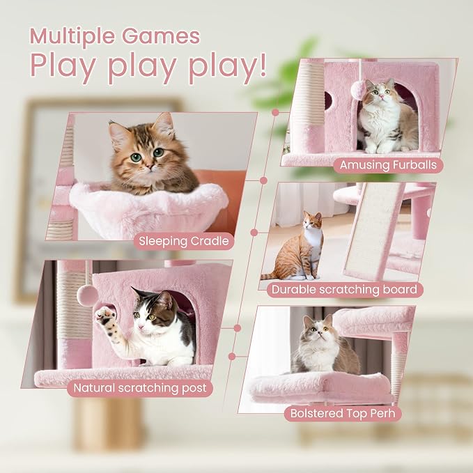 SHA CERLIN 68 Inches Multi-Level Large Cat Tree for Large Kitties/Big Cat Tower with Condo/Cozy Plush ‌Pussycat Perches/Sisal Scratching Posts and Hammocks/Activity Center/Pink