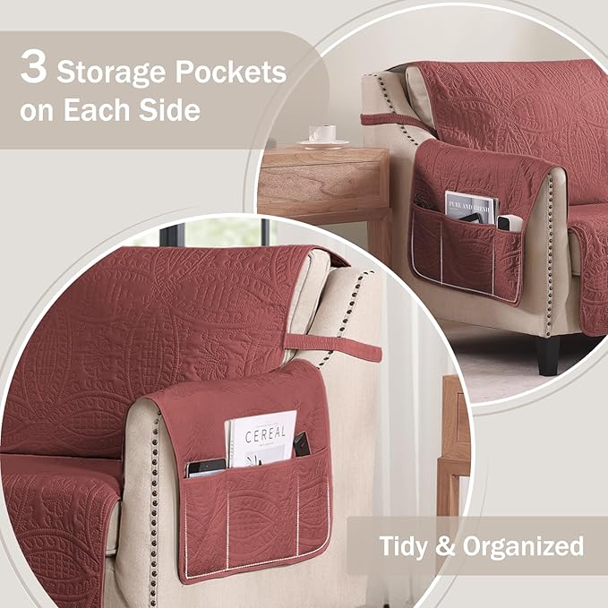 Quilted Red Sofa Slipcovers with Pockets, Anti-Slip Medallion Couch Covers for 3 Cushion Sofa, Couch Cover for Dogs Cats Water-Repellent Machine Washable (Large Sofa 68", Red)