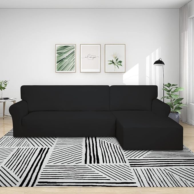 PureFit Super Stretch Sectional Couch Covers - 2 pcs Spandex Non Slip Sofa Covers with Elastic Bottom for L Shape Sectional Sofa Couch, Great for Kids & Pets (3 Seat Sofa + 2 Seat Chaise, Black)