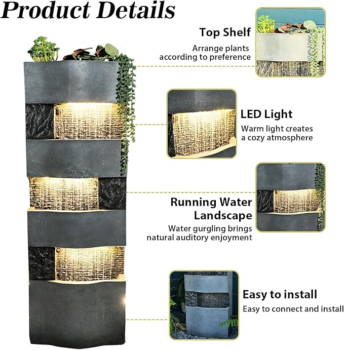 Sunlinua 40.5" H Modern Outdoor Water Fountain with LED Lights – Tall Garden Waterfall Fountain for Patio, Yard, Landscape or Indoor Decor, 4 Tiers Floor Standing Waterfall Outdoor Fountains