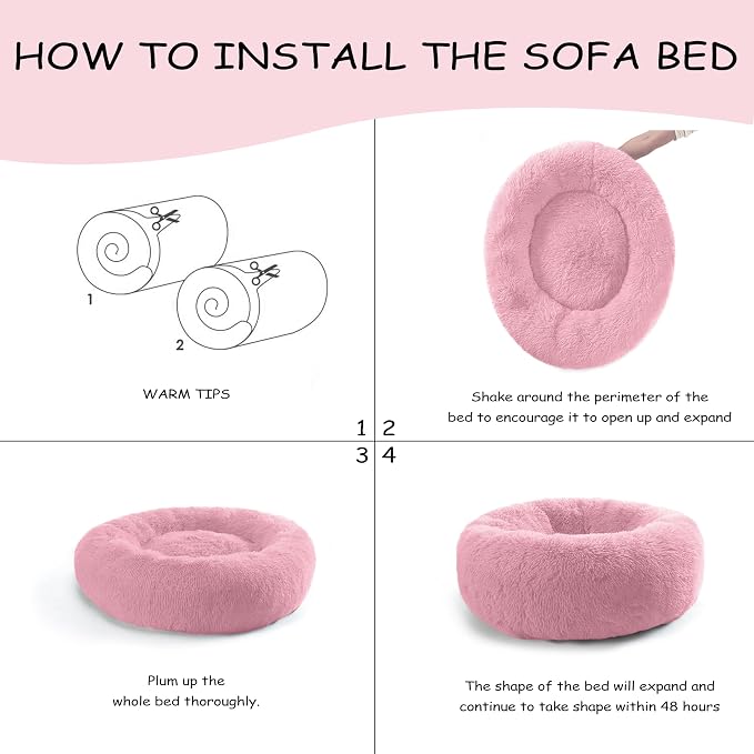 Bunlitent 30'' inch Calming Dog Bed, Anti-Anxiety Donut Small Medium Dog Bed, Warming Cozy Soft Cute Round Washable, Marshmallow Cuddler Nest Puppy Dogs and Cats Bed, Pink