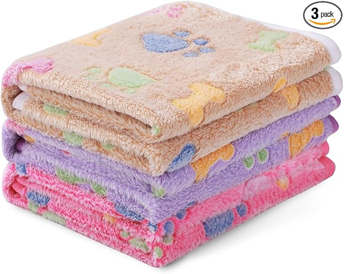 1 Pack 3 Blankets Super Soft Fluffy Cute Bone Pattern Pet Blanket Flannel Throw for Dog Puppy Cat Pink/Brown/Purple Small