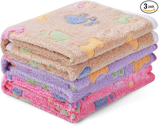 1 Pack 3 Blankets Super Soft Fluffy Cute Bone Pattern Pet Blanket Flannel Throw for Dog Puppy Cat Pink/Brown/Purple Medium