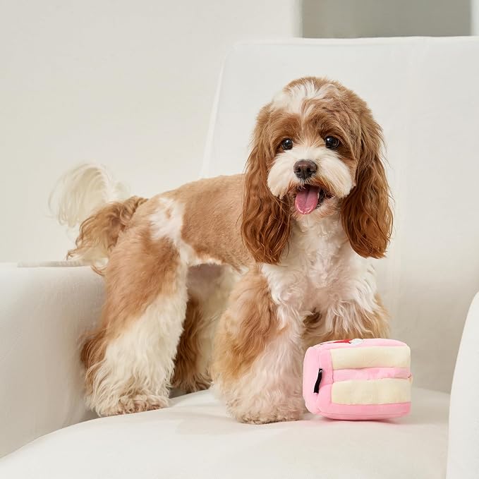 CHEWFFON Dog Birthday Toy - Interactive Strawberry Cake Snuffle Puzzle for Enrichment, Squeaky Crinkle Puppy Toy for Boredom & Mental Stimulation, Indoor Brain Game for Small Medium Dogs