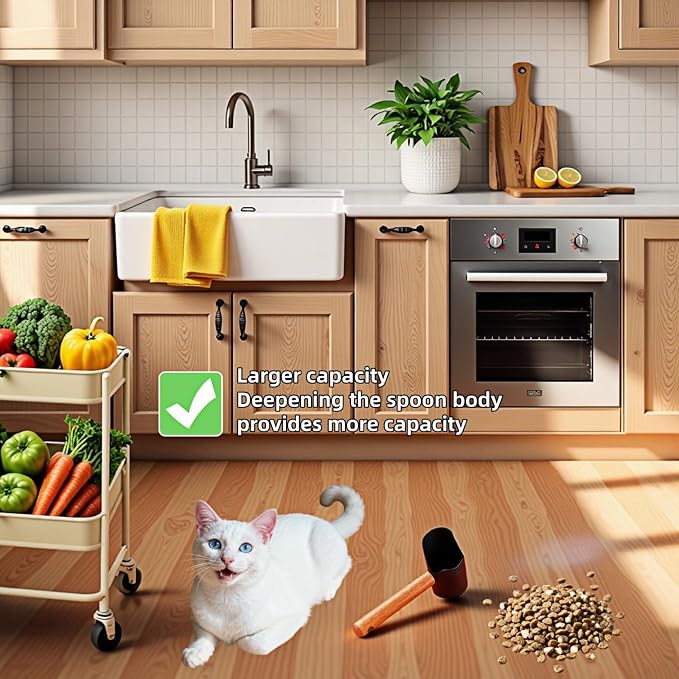 Multi-Pet Food Scoop, Pet Food Measuring Scoop with Wooden Handle,Carbon Steel with Ergonomic Wood Handle, for Dry Food & Treats, Accurate Portion Control for Dog Cat Bird Rabbit. (Black, Small)
