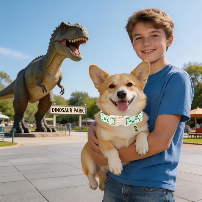 DOGWONG Dinosaur Dog Collar, Dog Collars for Male Dogs, Soft Cotton Boy Dogs Collars for X-Small Puppies Dogs, Neck 8-12 inches
