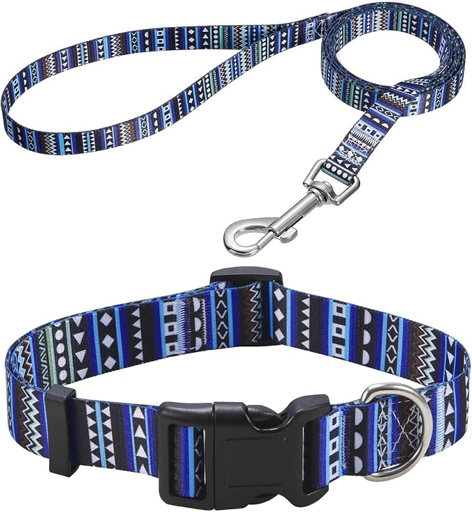 Mihqy Dog Collar and Leash Set with Bohemia Floral Tribal Geometric Patterns - Soft Ethnic Style Collar Adjustable for Small Medium Large Dogs(Bohemian Blue Set,S)