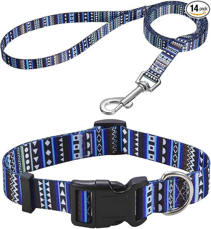 Mihqy Dog Collar and Leash Set with Bohemia Floral Tribal Geometric Patterns - Soft Ethnic Style Collar Adjustable for Small Medium Large Dogs(Bohemian Blue Set,M)