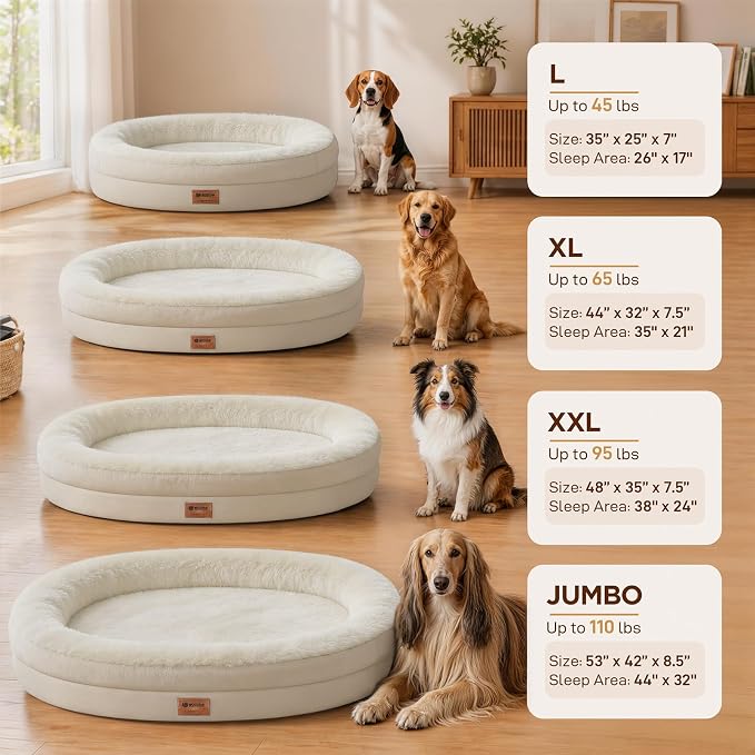 Orthopedic Dog Bed for Large Dogs, Waterproof Dog Bed for Large Size Dogs with Bolsters, Egg Crate Foam Sofa Bed with Washable Removable Cover & Non-Slip Bottom, Light Beige