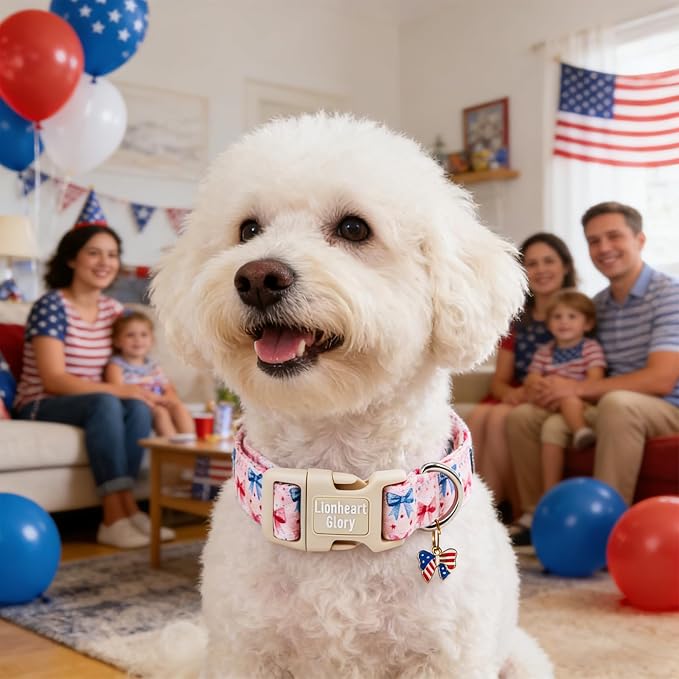 Lionheart glory Patriotic Flag Dog Collar - 4th of July American Flag Dog Collars,Pink Bow Pattern Adjustable Pet Collar for Large Dogs Male Female Dogs Summer Pet Collars