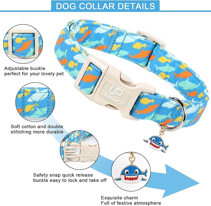 Shark Dog Collar, Summer Cotton Blue Adjustable Pet Collar for Male Dogs, Cute Ocean Pattern Soft Comfortable Durable Buckle with Charm for Boy Dogs