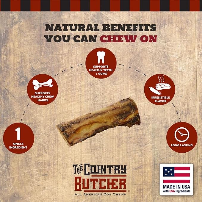 THE COUNTRY BUTCHER 7" Beef Marrow Dog Bones for Aggressive Chewers, Large Breed Dog Treat, Natural, Tough, Chew Toy, Made in the USA, 6 Count