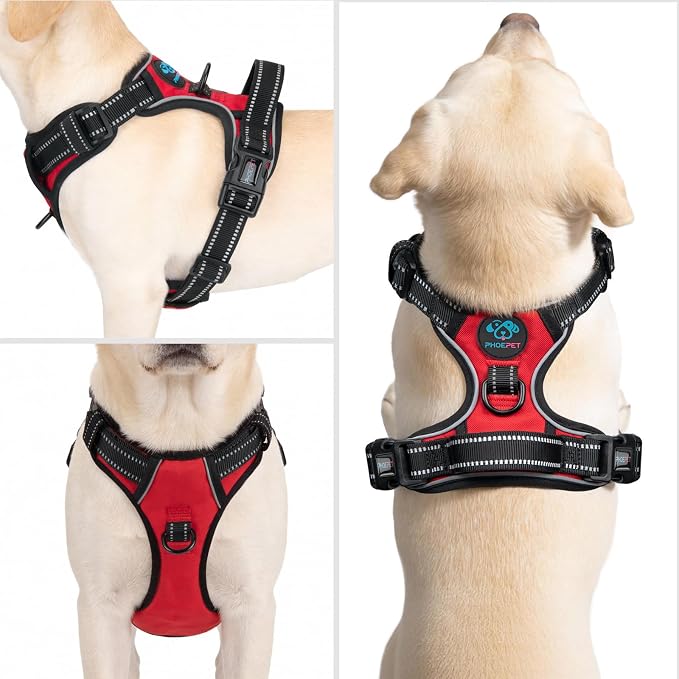PHOEPET Reflective Dog Harness No Pull Large Breed Vest with 2 Metal Leash Attachment Hooks(L, Red)