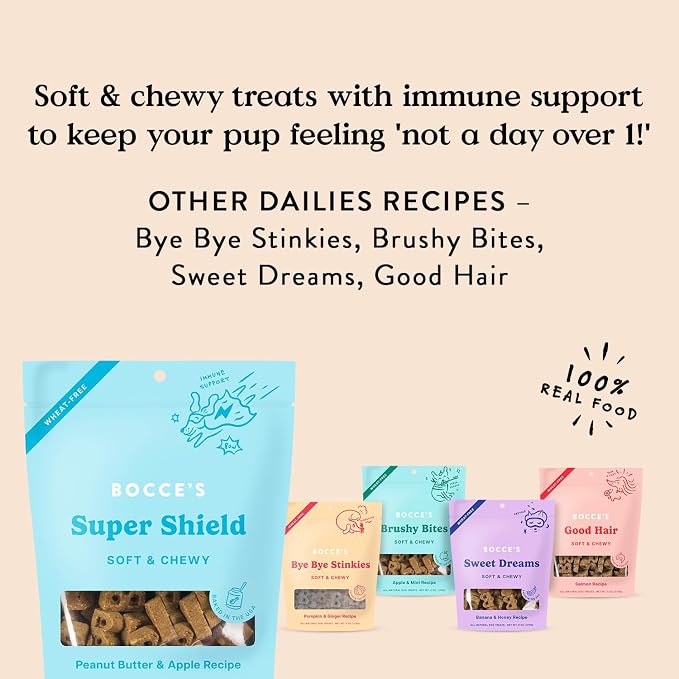 Bocce's Bakery Dailies Super Shield Dog Treats for Immune Support, Wheat-Free Dog Treats, Made with Real Ingredients, Baked in The USA, Natural Soft & Chewy, Peanut Butter & Apple, 6 oz