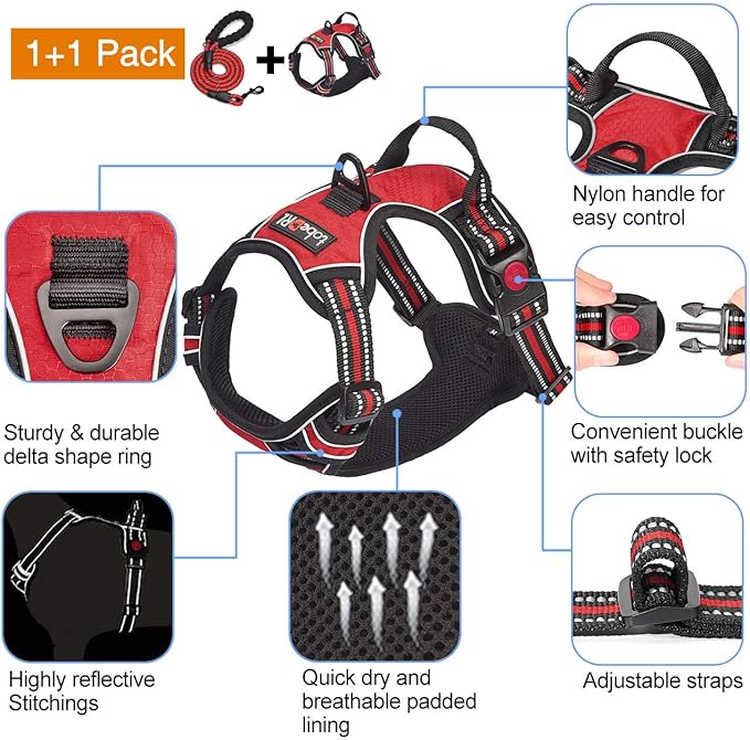 tobeDRI No Pull Dog Harness Adjustable Reflective Oxford Easy Control Medium Large Dog Harness with A Free Heavy Duty 5ft Dog Leash