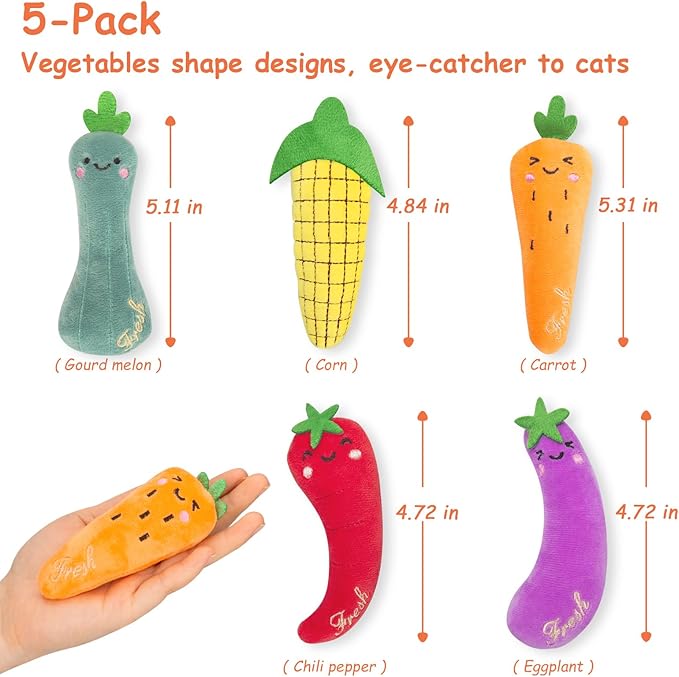 ETEKYER Catnip Cat Toys, 5 Pack, Plush Catnip Toys for Indoor Cats Kitten, Interactive Cat Nip Kitty Kicker Chew Safe Teeth Cleaning Toys, Fun Carrot Vegetable Shape