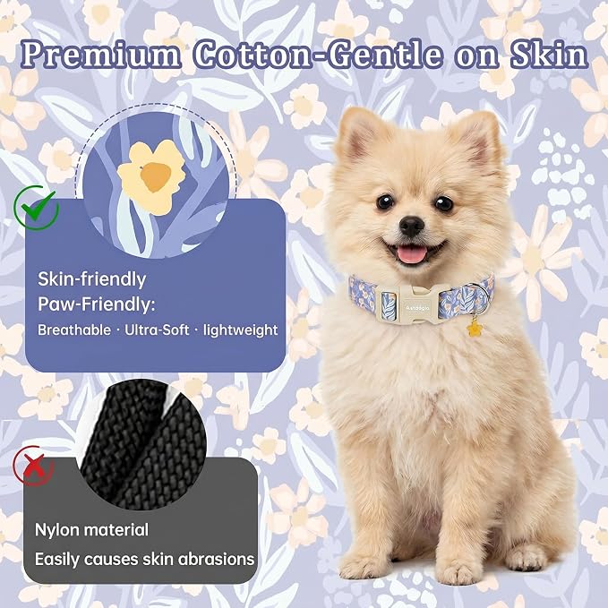 Floral Dog Collar,Blue Flower Printed Adjustable Cotton Puppy Dog Collar for Small Dogs,Cute Girl Boy Dog Collar Ideal Daily Use,S