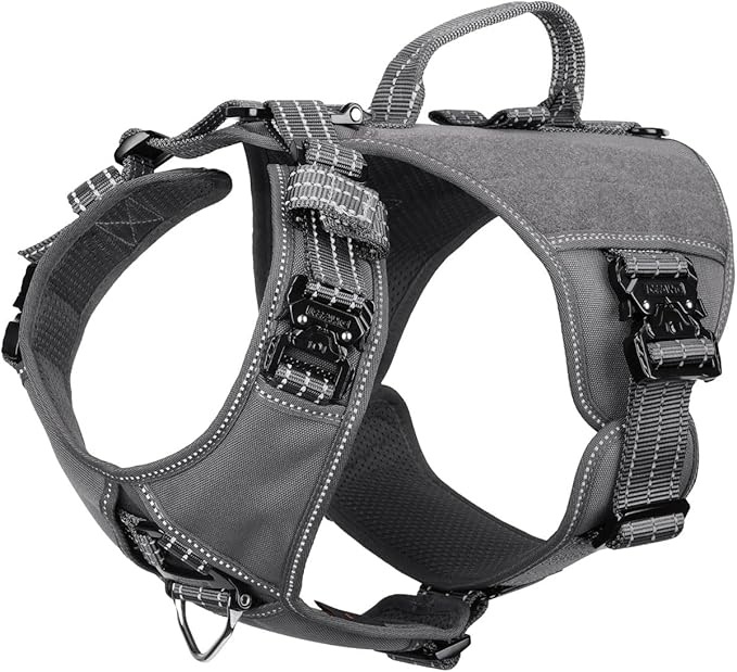 ICEFANG GN8 Tactical Dog Harness with 4X Metal Buckles for Small Sized Dogs,Reflective in Training Walking K9 Dog Vest,No-Pull Front Leash Clip,Adjustable Pet Harness (Grey, Small (Pack of 1))