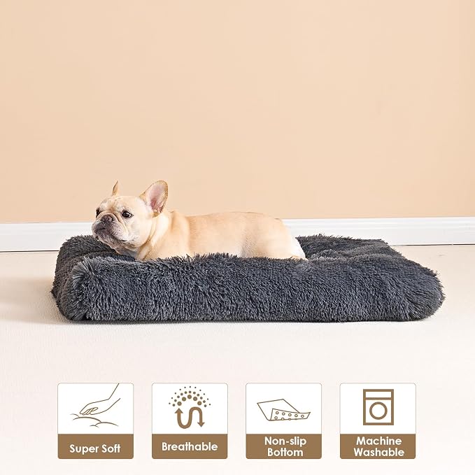EHEYCIGA Fluffy Dog Crate Bed for Small Dogs, Plush Faux Fur Crate Pad, Calming Anti Anxiety Small Dog Bed, Washable Soft Warm Mat with Non-Slip Bottom, Dark Grey