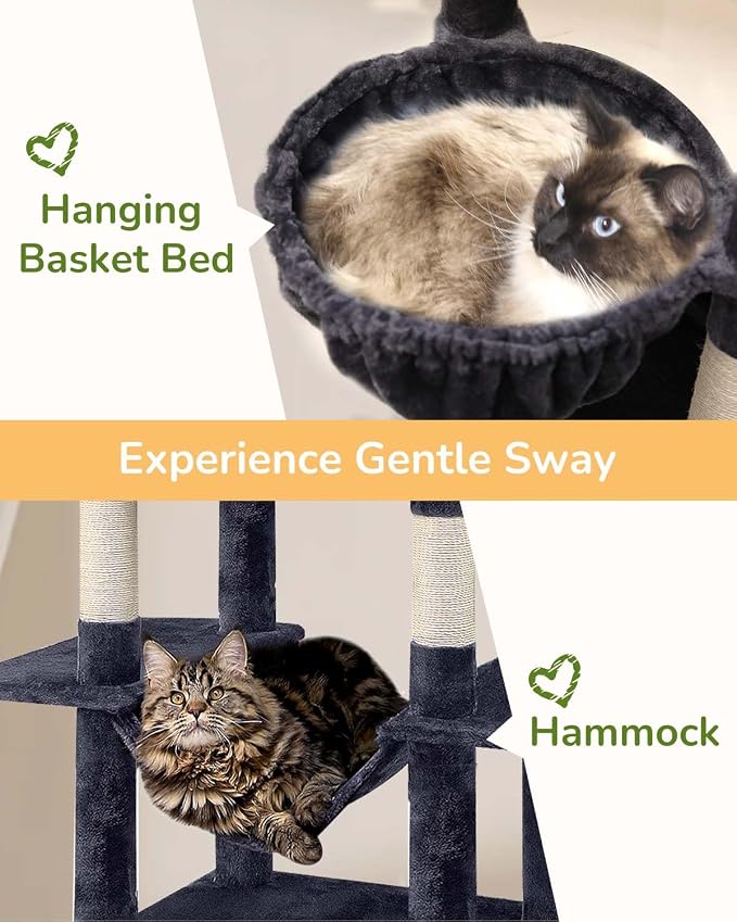Globlazer Heavy Duty Cat Tree Tower 80in Tall Extra Large Cat Tree Tower for Multiple Indoor Cats Large Adult with Scratching Posts, 2 Spacious Condos, Padded Perches, Soft Hammock, S80B, Dark Grey