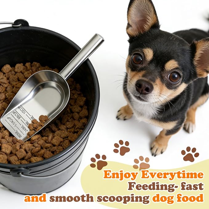 Mity rain Dog Food Scoop Stainless Steel with Long Handle, Precise Dog Food Measuring Cup 1.5, 1 1/4, 1, 3/4, 1/2 Cup, Pet Scoop for Cats, Rabbits, Animals, Metal Spoon for Dog Food Storage (1.5CUP)