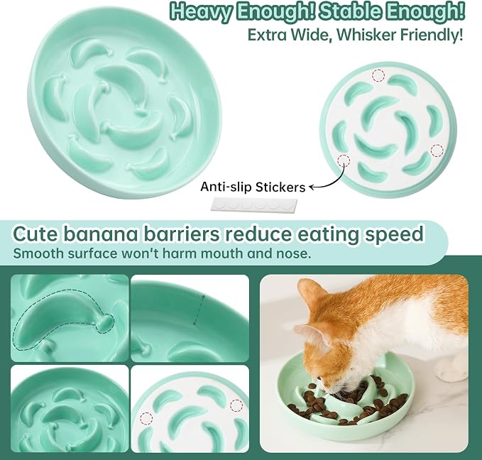 Cat Slow Feeder Bowl Set - 2-Pack Ceramic Cat Dishes for Slow Eating - Whisker-Friendly Cute Maze Bowls for Dry & Wet Food - Microwave & Dishwasher Safe - White and Green