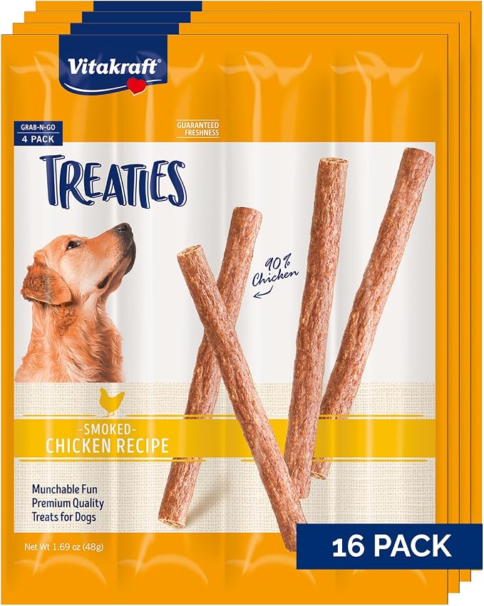 Vitakraft Treaties Dog Treat Sticks - Dog Sticks with 90% Real Chicken & Natural Smoke Flavor - Chewy & Fresh Pet Snacks for On-The-Go (Smoked Chicken, 16 Count)