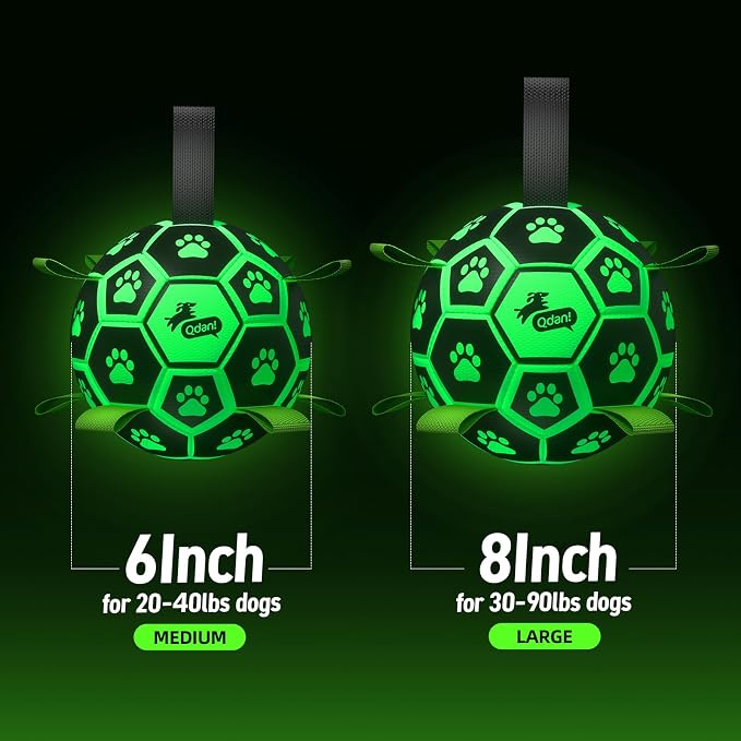 QDAN Glow in The Dark Dog Toys Soccer Ball with Straps, Outdoor Interactive Dog Toys Puppy Birthday Gifts, Dog Tug Water Toy, Light Up Dog Balls for Small & Medium Dogs（6 Inch Size 2）