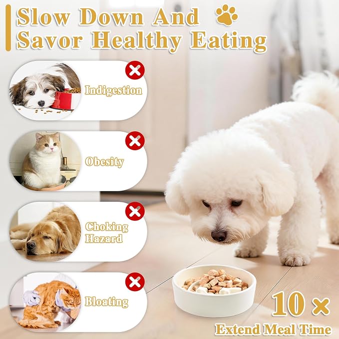 Ceramic Slow Feeder Dog Bowls, 0.6 Cups Dog Food Dish for Small and Medium Breed, Puzzle Dog Food Bowl for Fast Eater, 15OZ, 6.3 inch(Beige)