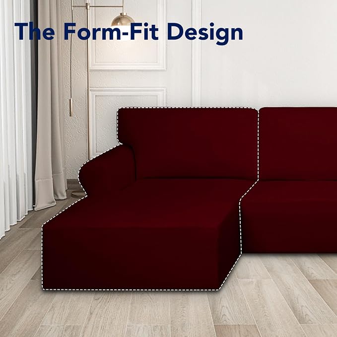 PureFit Super Stretch Sectional Couch Covers - 2 pcs Spandex Non Slip Sofa Covers with Elastic Bottom for L Shape Sectional Sofa Couch, Great for Kids & Pets (3 Seat Sofa + 2 Seat Chaise, Wine)